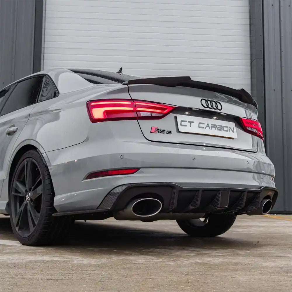 CT Carbon Audi RS3 8V saloon rear carbon diffuser with DTM light, showcasing sleek design and aerodynamic features.