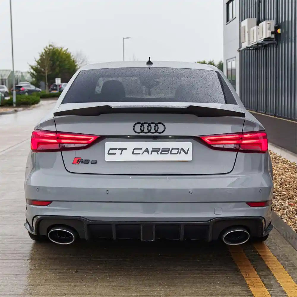 AUDI RS3 8V saloon rear carbon diffuser with DTM light by CT Carbon, featuring aerodynamic design and sporty styling.