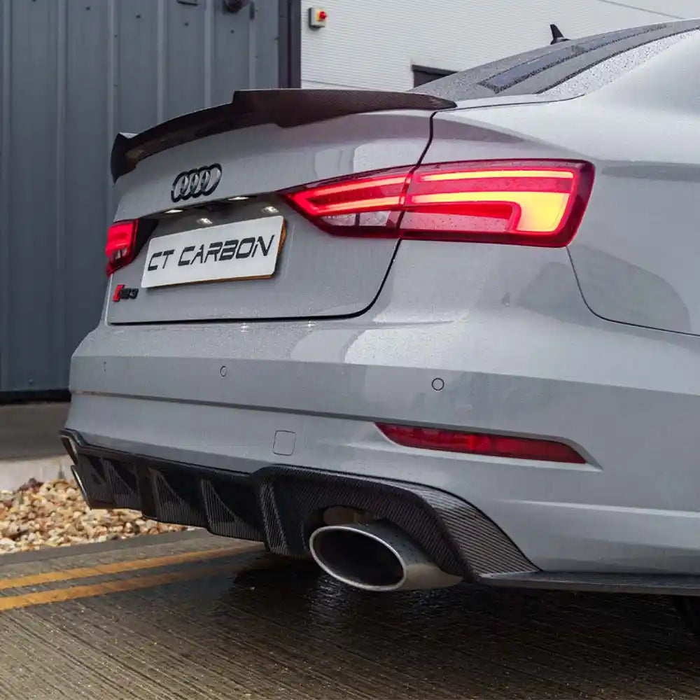 CT Carbon Audi RS3 8V saloon rear carbon diffuser with DTM light, showcasing sleek aerodynamic design and high-quality craftsmanship.