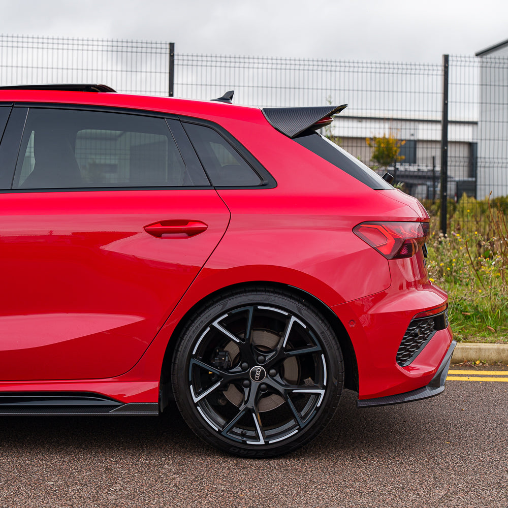 Full Audi RS3 8Y 2022-2024 Sportback CT Design V2 carbon fibre kit installed on the car, showcasing sleek, lightweight carbon details.