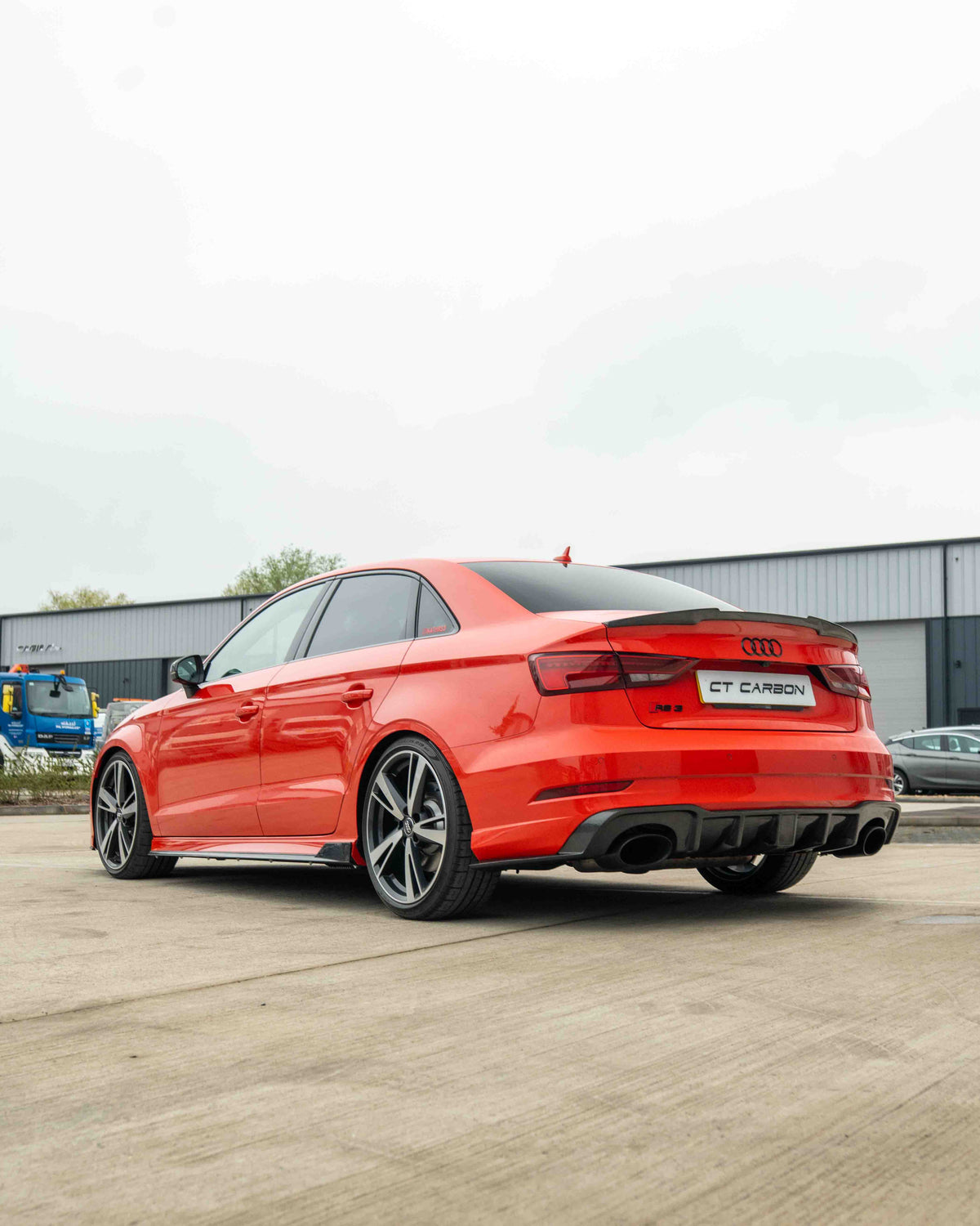 CT Carbon Audi RS3 8V saloon rear carbon diffuser with DTM light, showcasing sleek aerodynamic design and high-quality materials.