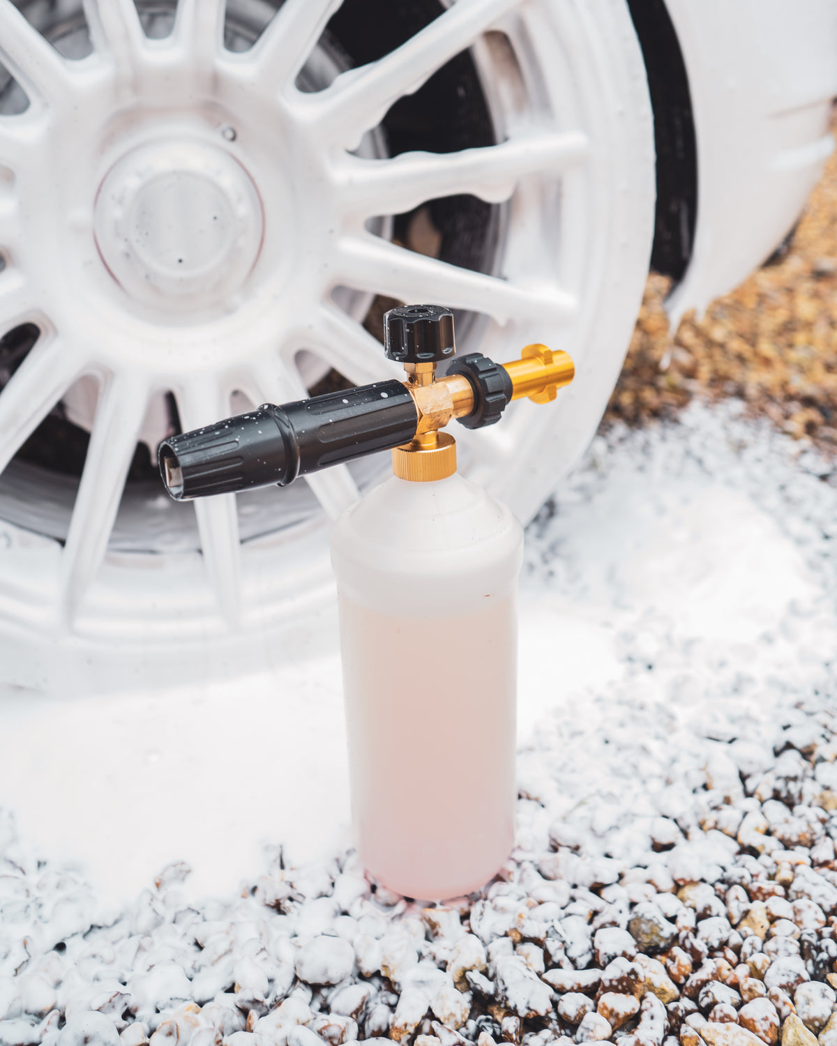 Nineteen72 Performance Snow Foam Lance for Karcher K2 pressure washer, shown attached and ready for car washing.