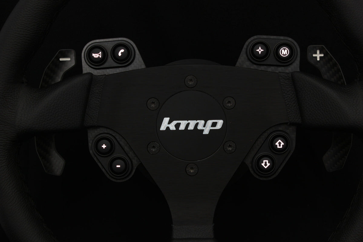KMP Drivetrain Clubsport Nürburgring steering wheel for BMW E9X M3, black leather with silver accents and sporty design.
