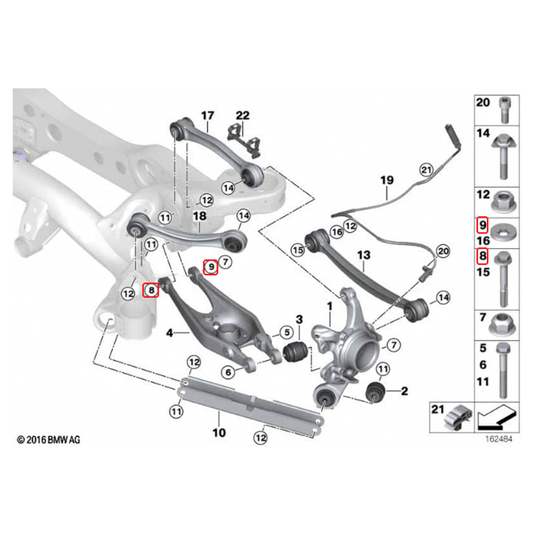 Close-up of BMW M3 E92 E9X camber lockout shims installed on suspension for alignment adjustment, by XC3 Engineering.