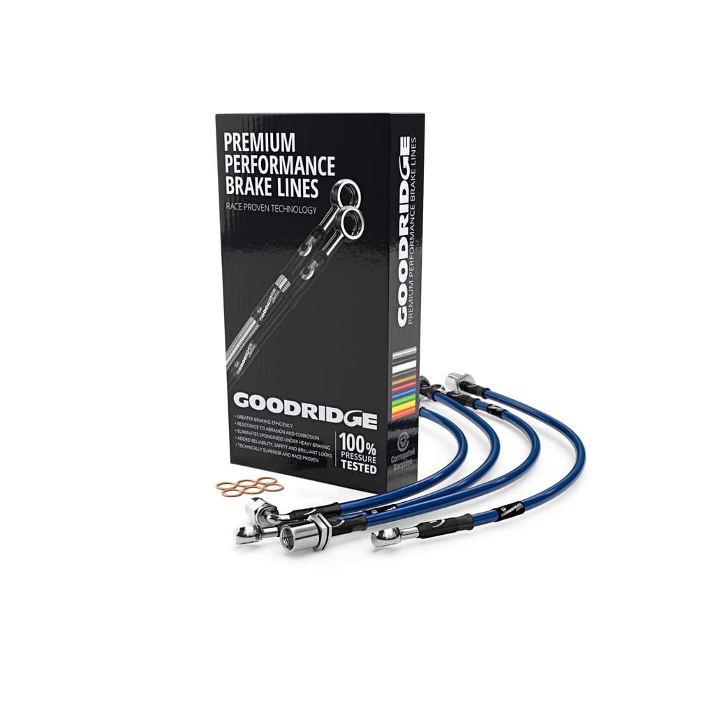 Goodridge brake hose kit for Volkswagen Golf MK8 2.0 GTI, showing flexible brake hoses with fittings on a white background.