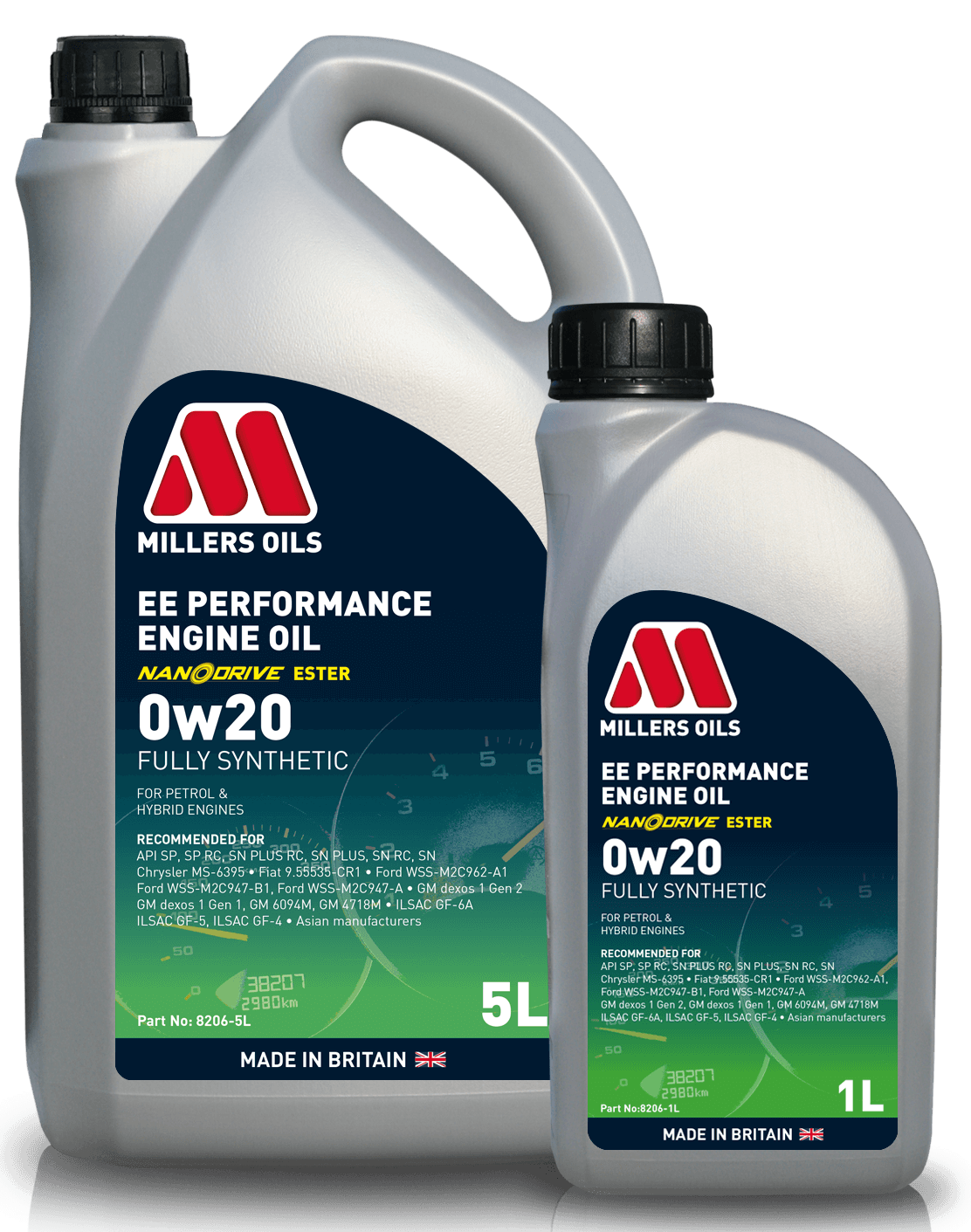Bottle of Millers EE Performance Engine Oil 0W-20 from Millers Oils, with label and oil container visible.