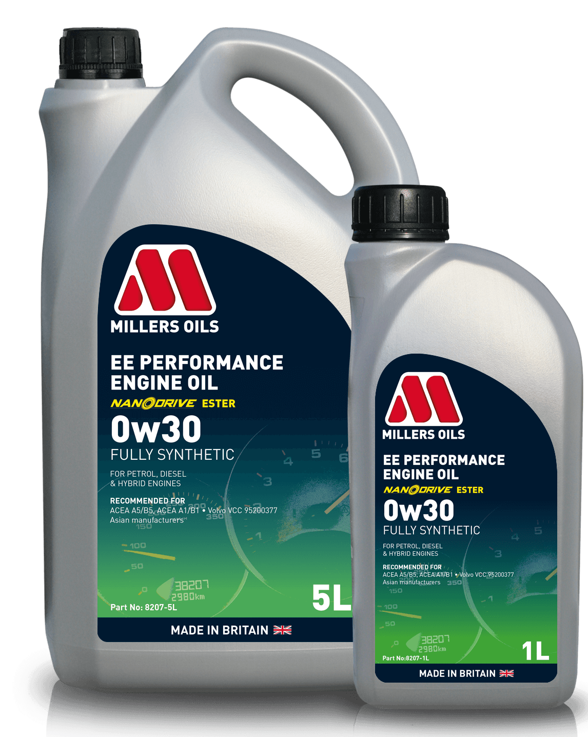 Millers Oils EE Performance Engine Oil 0W-30 container with label showing engine oil specifications and branding.