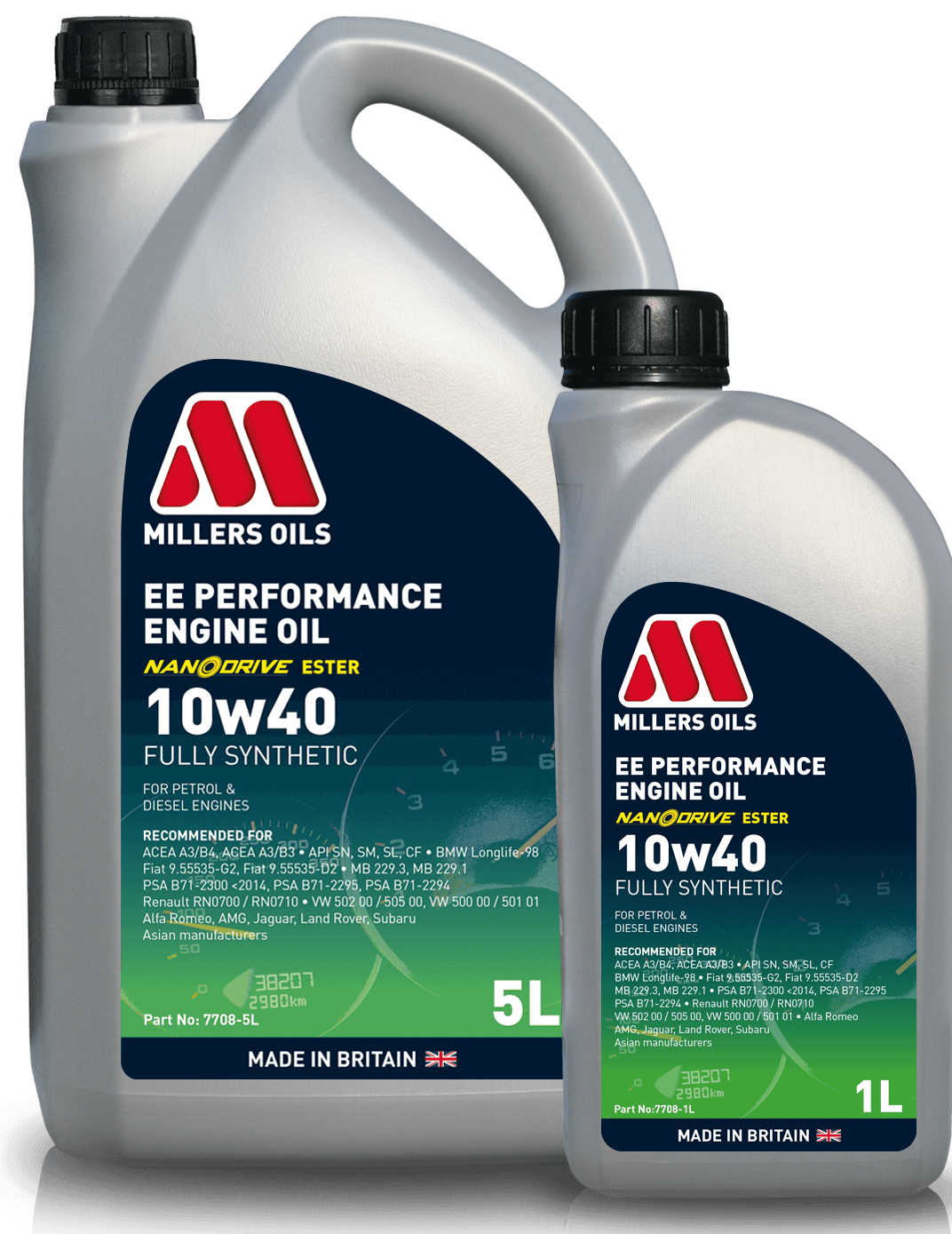 Millers EE Performance Engine Oil 10w40 container, engine oil product by Millers Oils with label and packaging visible.