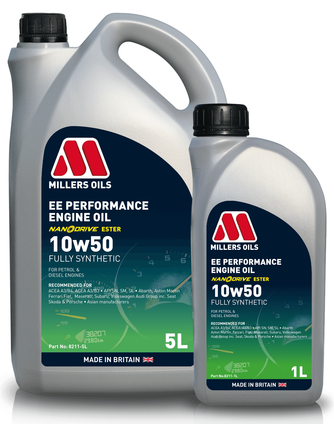 Millers EE Performance Engine Oil 10W50 bottle, close-up of the Millers Oils branded engine oil container.