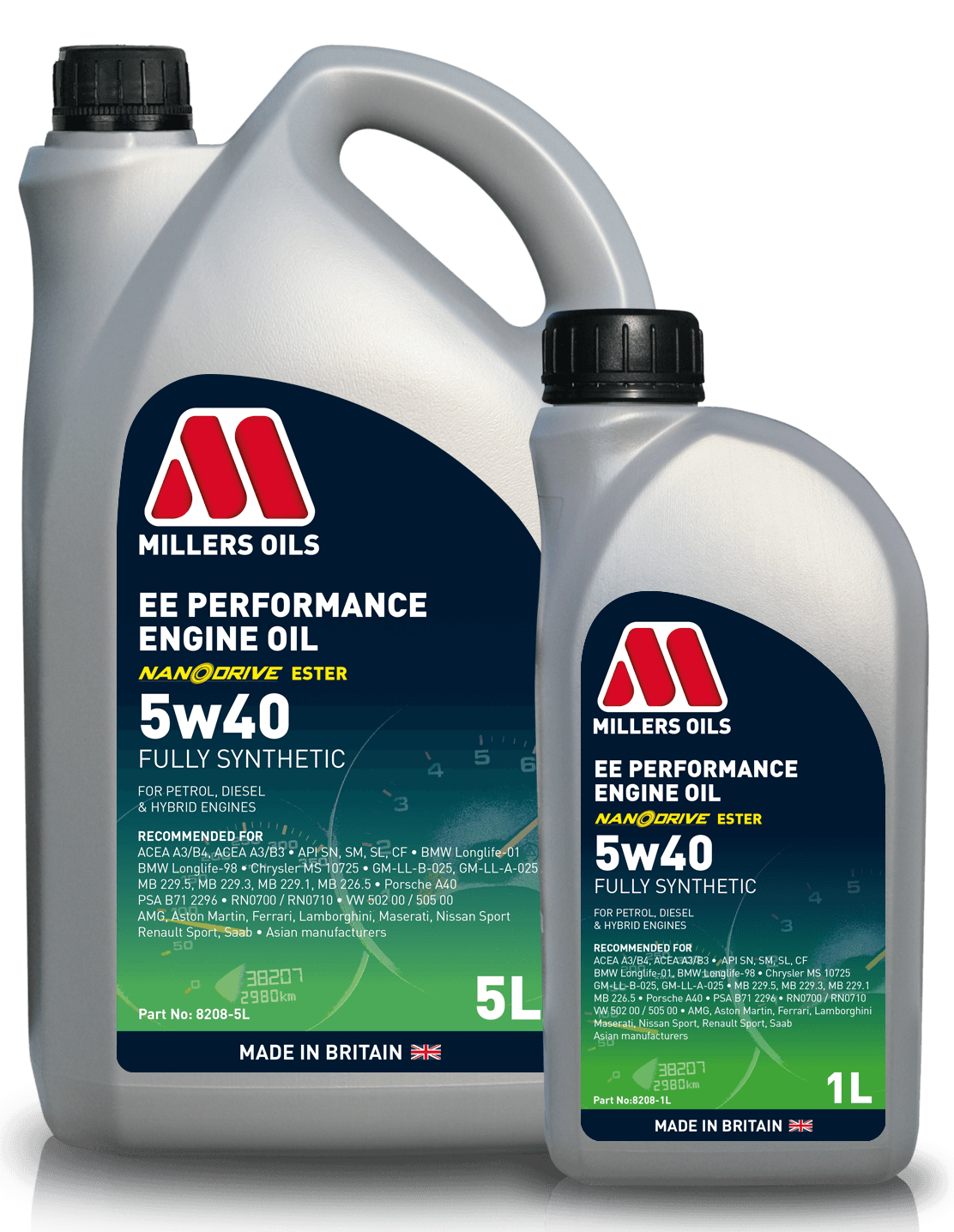 Millers EE Performance Engine Oil 5W-40 container, high-quality engine oil for vehicle lubrication and engine protection.