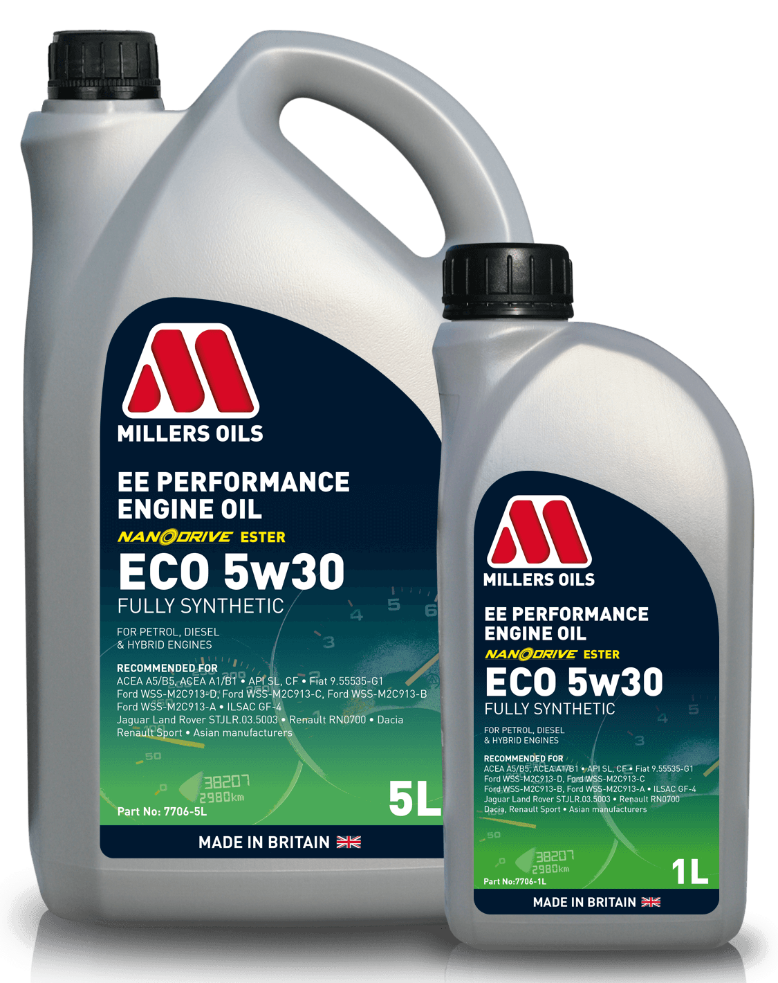Millers Oils EE Performance Engine Oil ECO 5W30 bottle with label, designed for engine lubrication and protection.