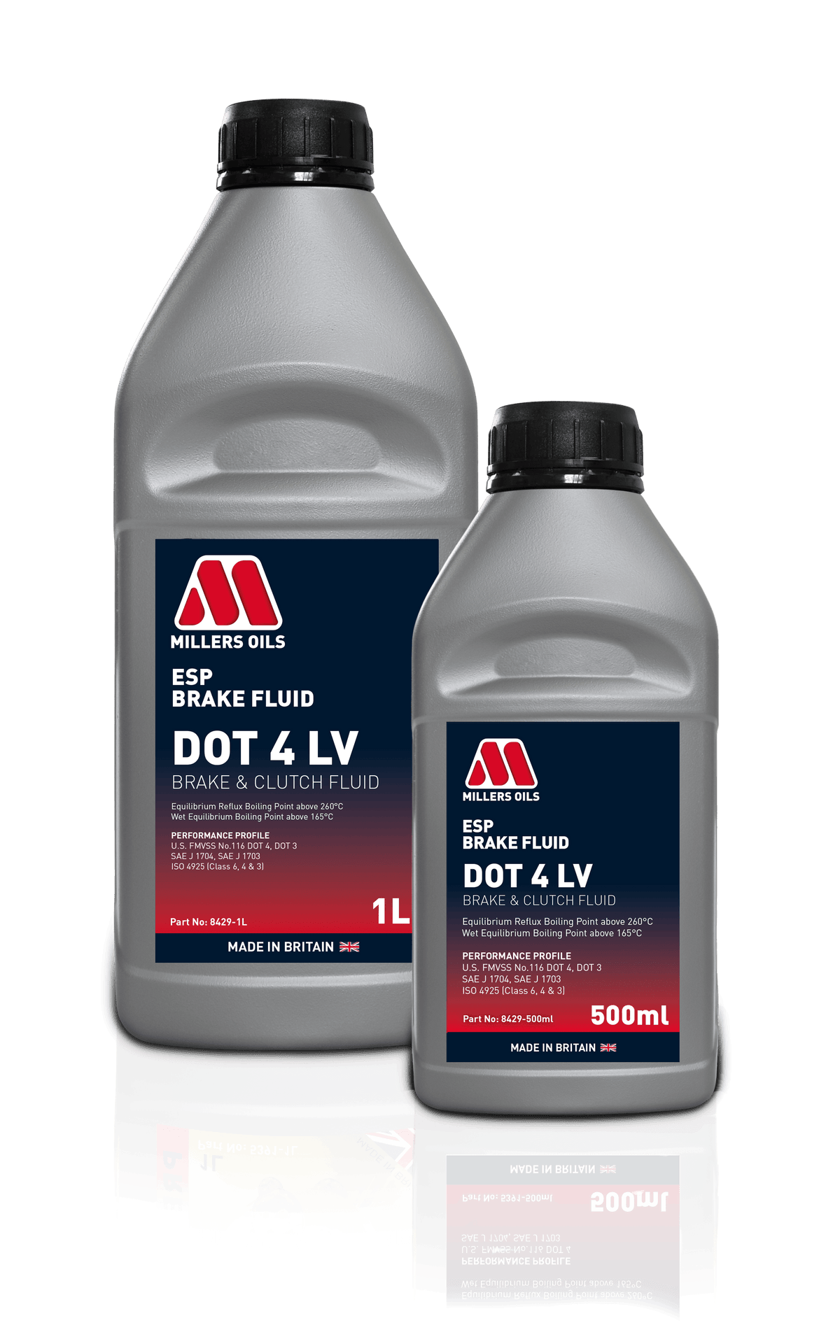 Millers ESP Brake Fluid DOT 4 LV bottle showing clear liquid with label, designed for vehicle braking systems.