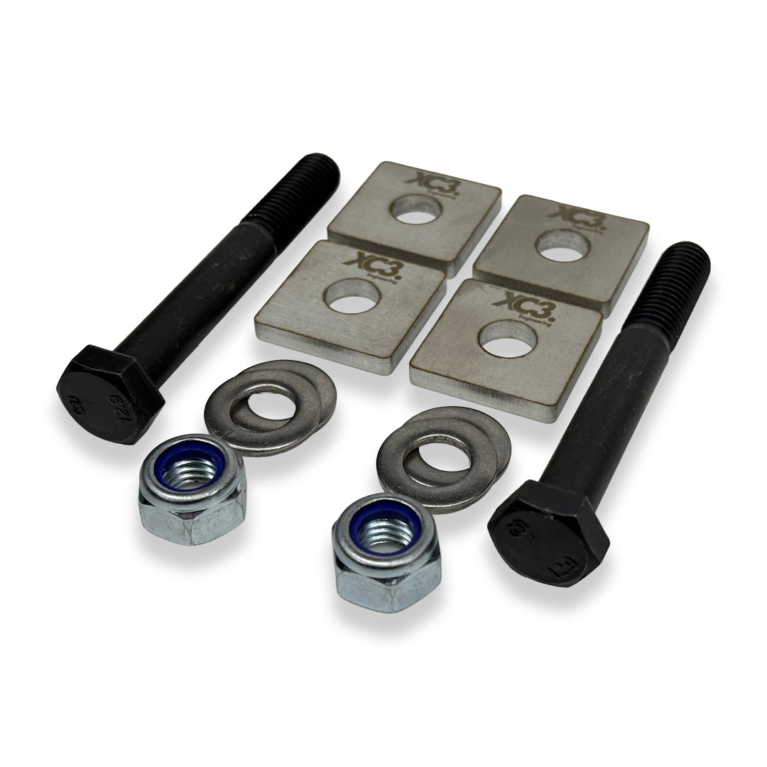 BMW M135i M140i M235i M240i F2X rear toe lockout shims from XC3 Engineering, showing the suspension alignment components.