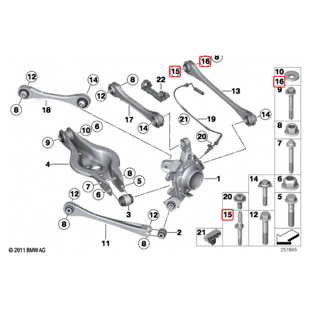 BMW M135i, M140i, M235i, M240i F2X rear toe lockout shims from XC3 Engineering shown on suspension for alignment.