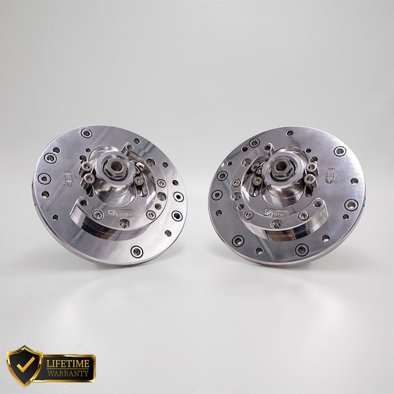 Suspension Secrets adjustable camber and caster plates for BMW F87 M2 Competition, top view of suspension linkages and mounting plates