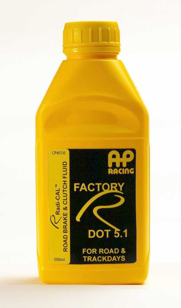 AP Racing Brake Fluid R DOT 5.1 bottle with clear label and cap, designed for high-performance automotive braking systems.