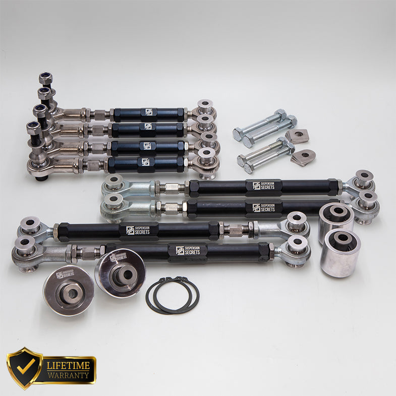 Suspension Secrets BMW G87 M2 full kinematics kit with adjustable components and hardware for enhanced suspension performance.