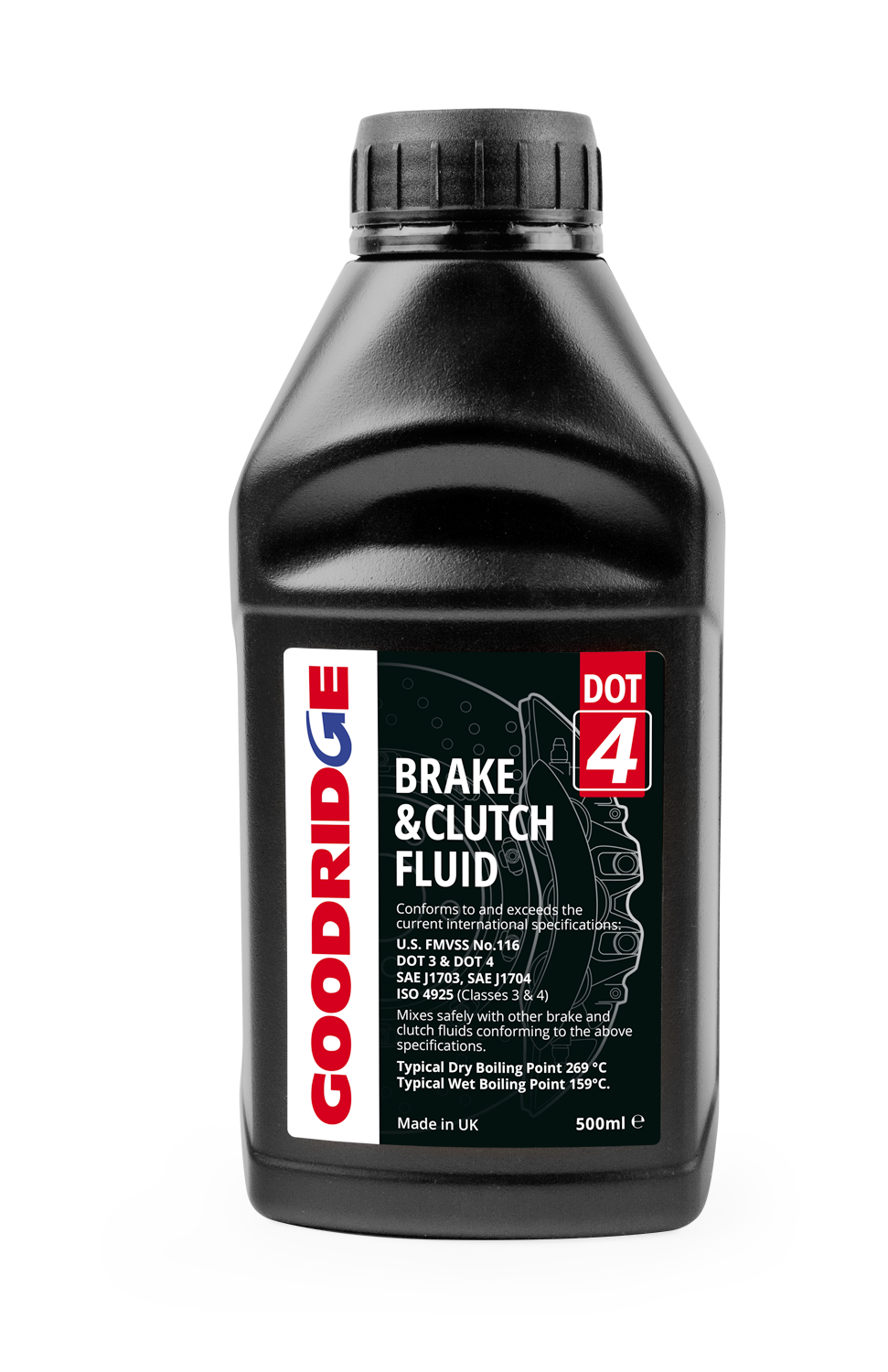 Goodridge Performance DOT 4 Brake Fluid bottle with label, designed for use with brake hoses and automotive braking systems