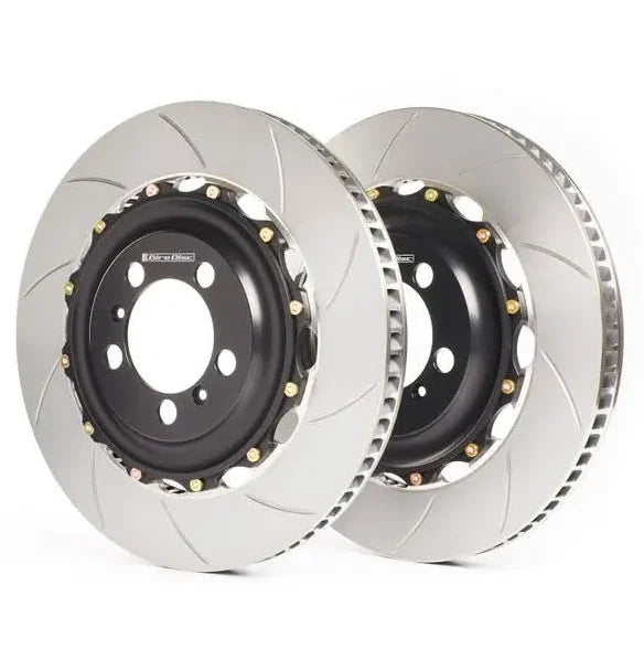 Girodisc front 2-piece brake disc set for BMW F8X M2 M3 M4 with blue calipers and 380mm iron discs, viewed from the front.