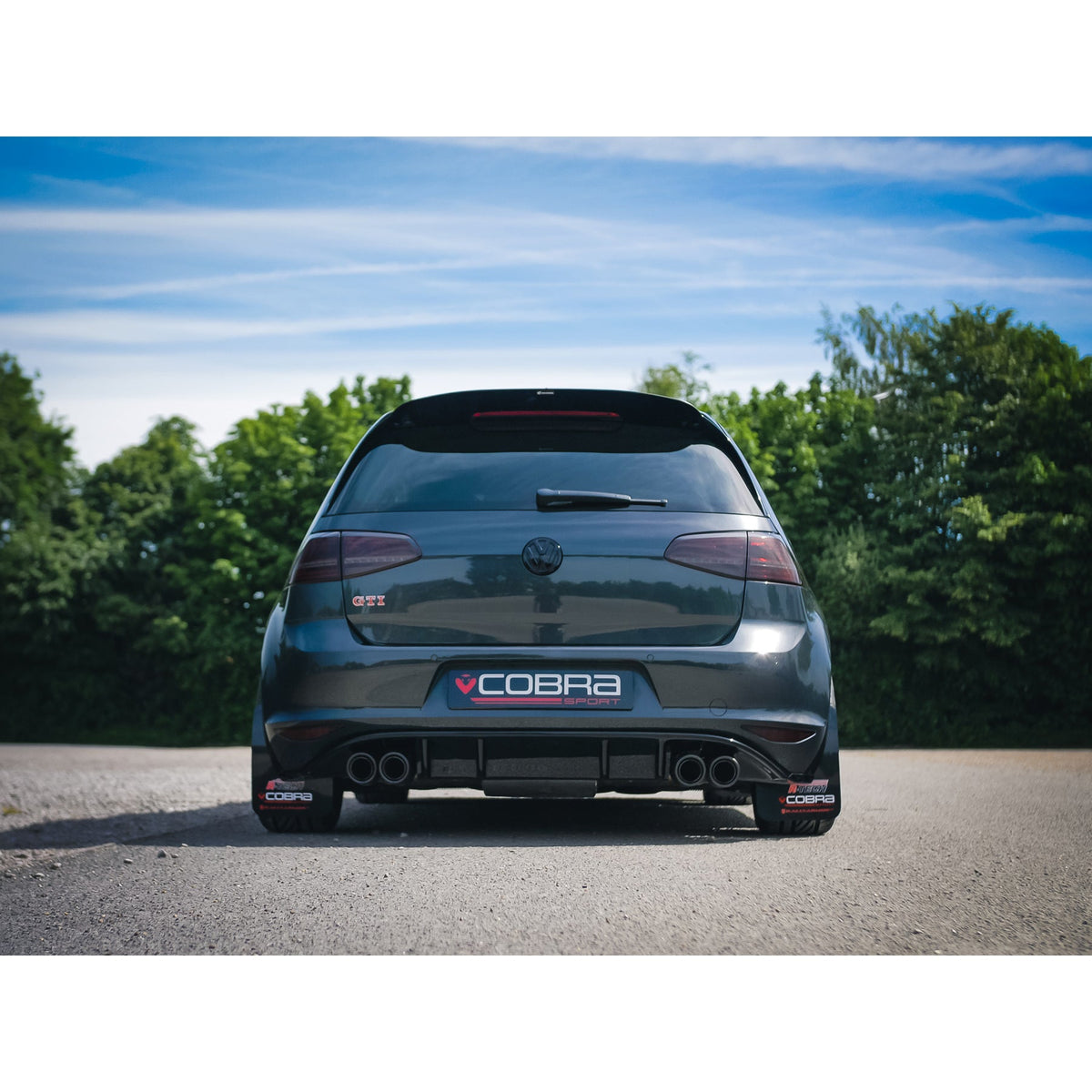 Cobra Sport VW Golf GTI Mk7 2.0 TSI turbo back exhaust with quad exit, styled like Golf R performance exhaust system.