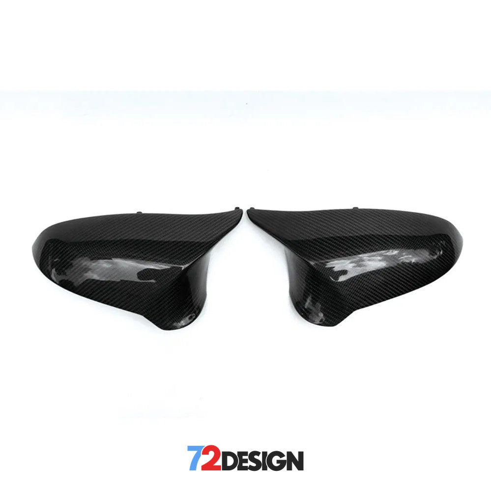 Carbon fibre BMW F Series wing mirror replacement covers by 72Design for M3, M4, M2C models, shown on car mirror assembly.