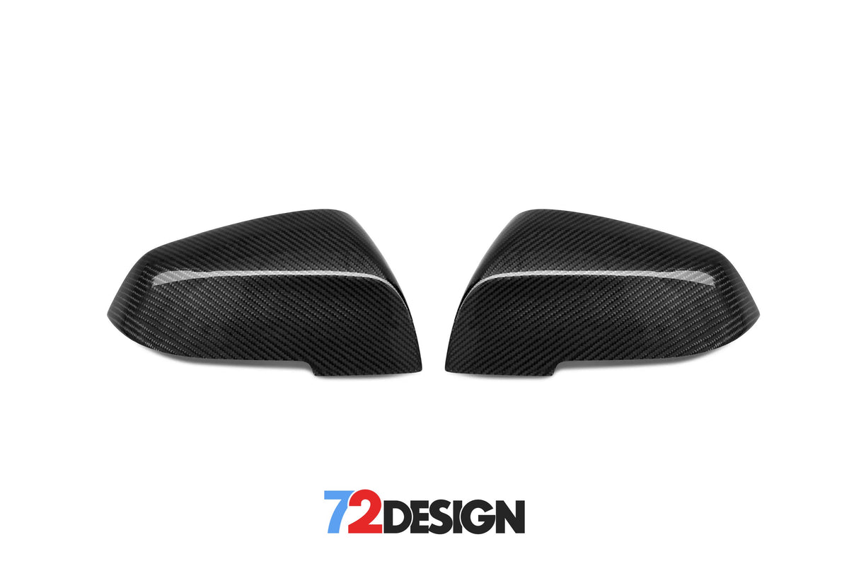 72Design BMW Fxx series OEM look carbon fibre wing mirror covers installed on car, showcasing sleek, lightweight replacement design.
