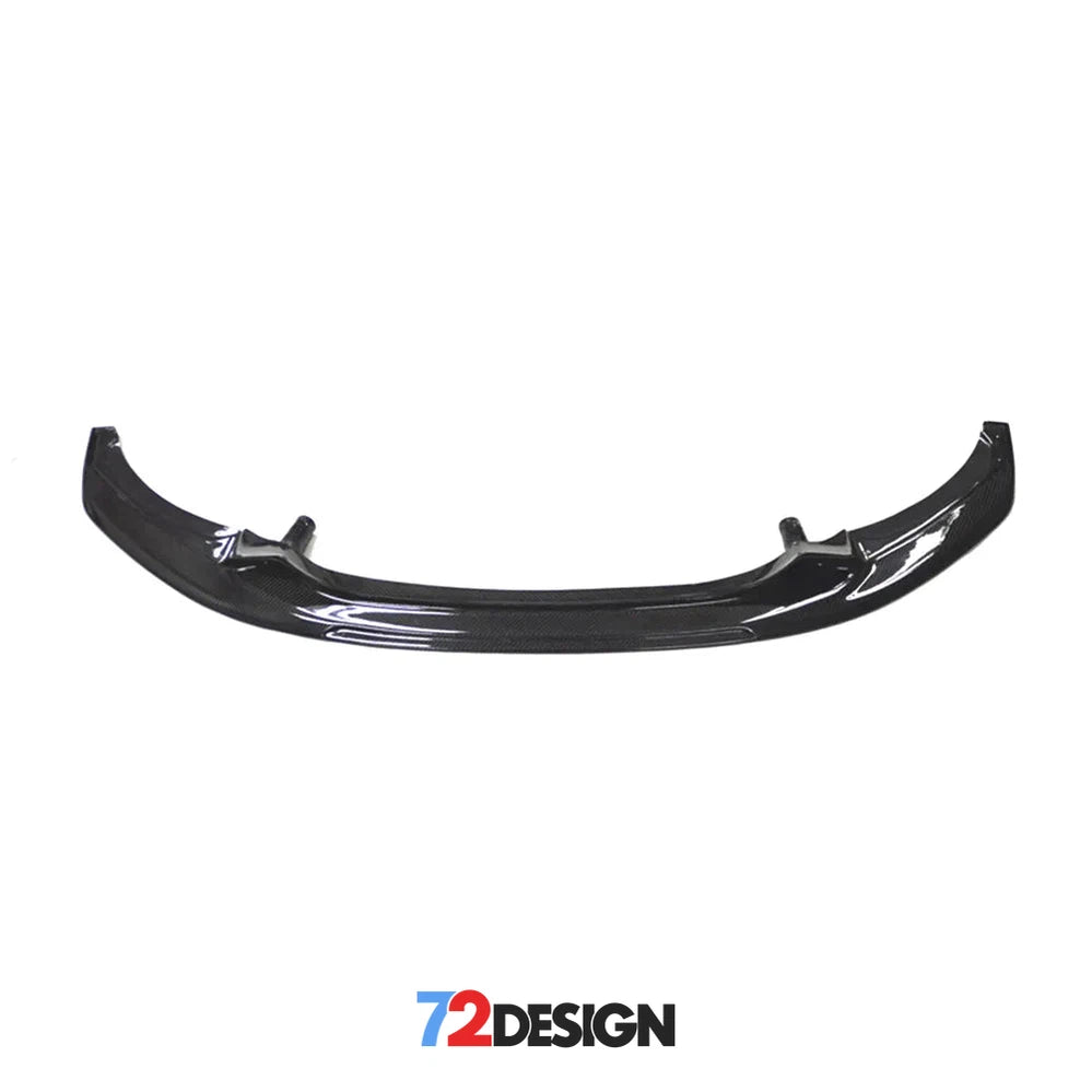 BMW M240i M235i front splitter by 72Design, gloss carbon fiber with performance style aerodynamic design, shown from front angle.