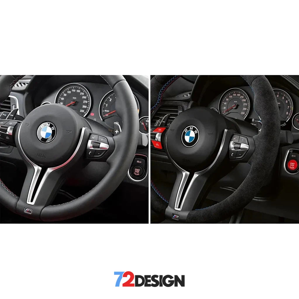 Red BMW M Start/Stop Button interior trim by 72Design, close-up view showing sleek design and vibrant color for car interior upgrade.