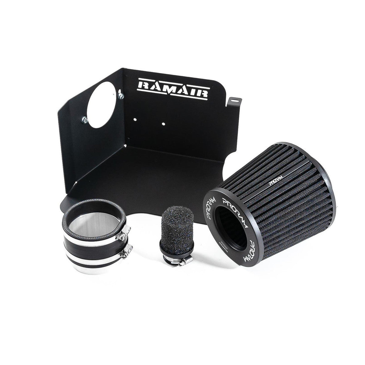 Ramair Proram performance air induction kit for VAG 1.8T 20V Golf, A3, Leon with 80mm MAF sensor, includes intake components.