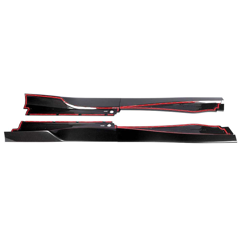 Carbon fiber side skirts for McLaren 750S 2023 by CT Carbon, showing sleek, aerodynamic design and detailed craftsmanship.
