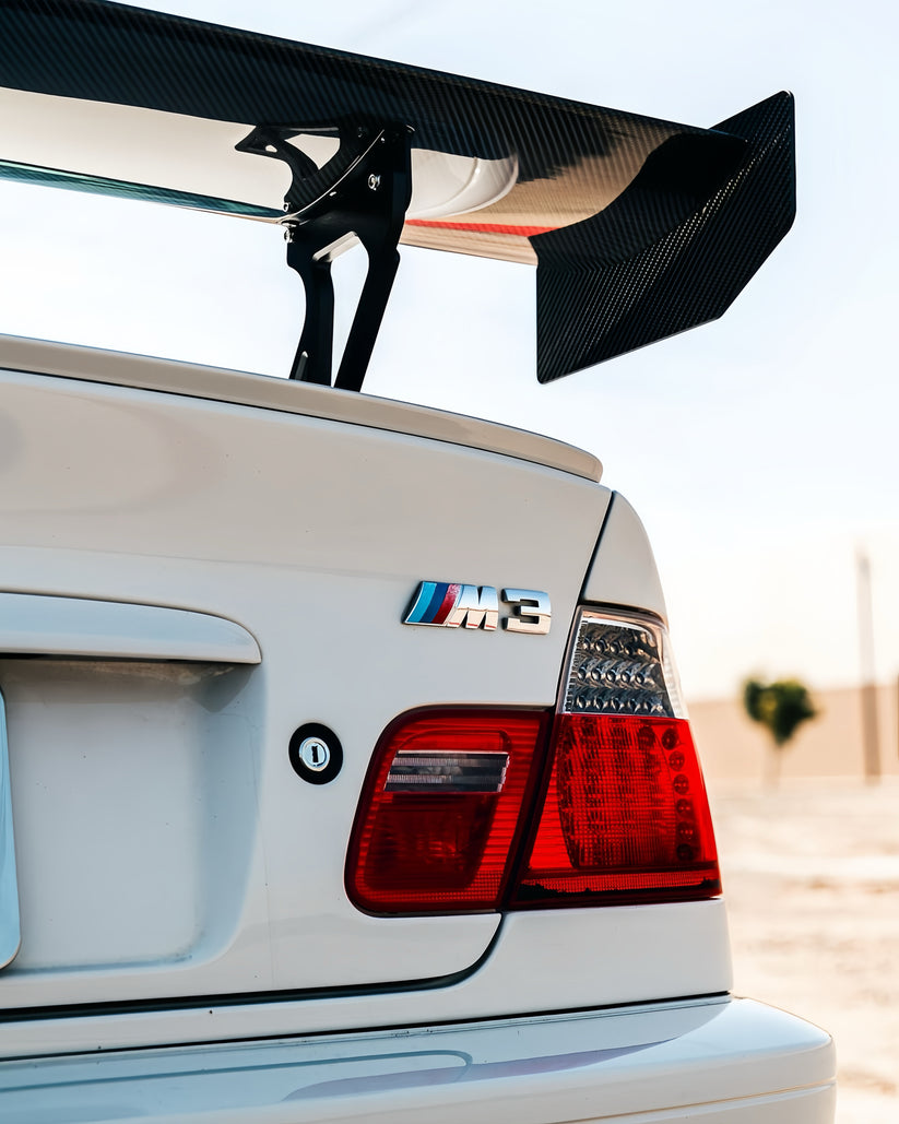 Ridgeline Motorsport Wing V2 spoiler made of dry carbon with autoclaved pre-preg construction, shown on a vehicle.