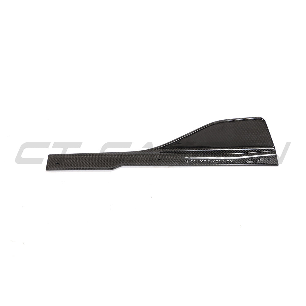 BMW 8 Series and M8 G16/F93 carbon fiber side skirts by CT Carbon, showcasing sleek, aerodynamic design for sporty look.