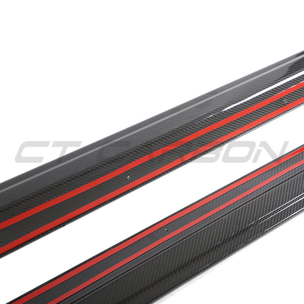 Tesla Model 3 2023+ carbon fibre side skirts by CT Carbon, V2, installed on the vehicle showing sleek, aerodynamic design.