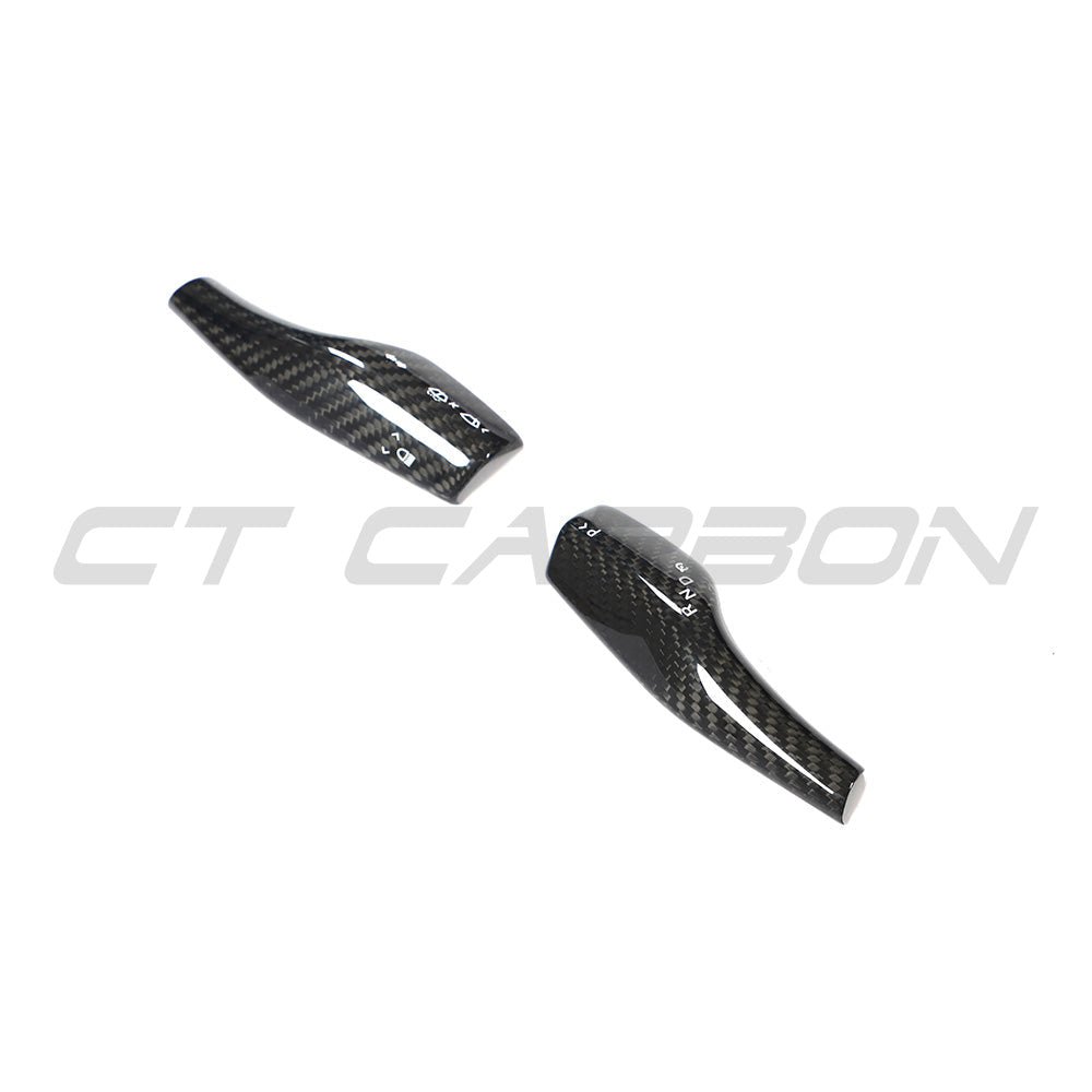 CT Carbon carbon fiber stalk cover for Tesla Model 3 and Y (2017+), close-up of sleek black accessory on steering stalk.