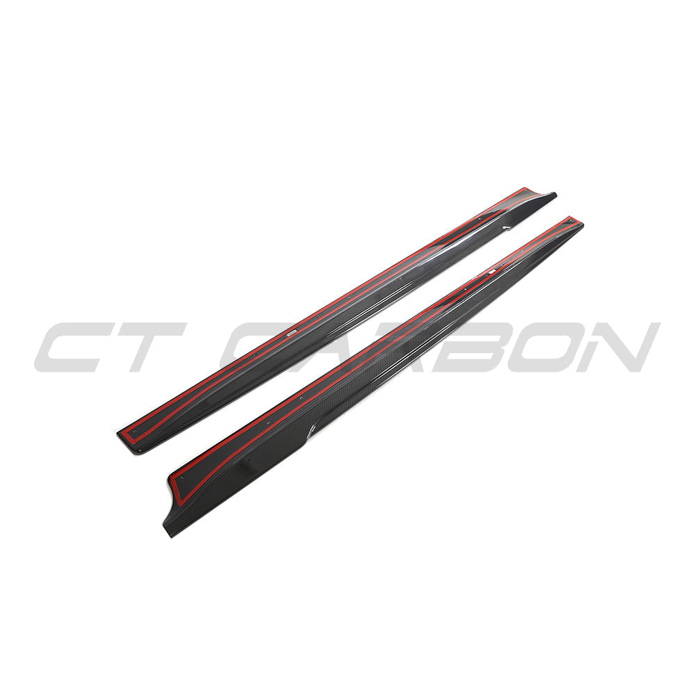 Tesla Model 3 2023+ carbon fibre side skirts by CT Carbon, V2, shown installed on the vehicle's side profile.
