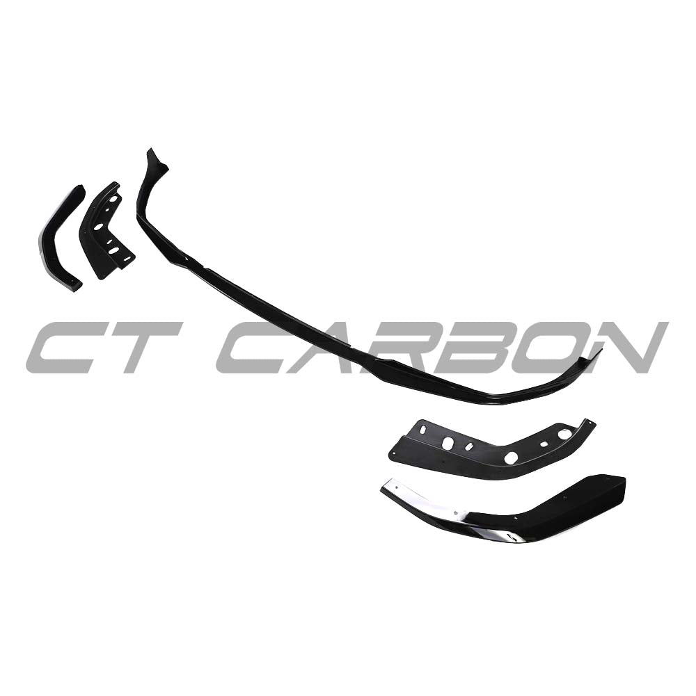 BMW 3 Series G20 G21 Pre LCI gloss black splitter by CT Carbon installed on front bumper, showcasing sleek aerodynamic design.