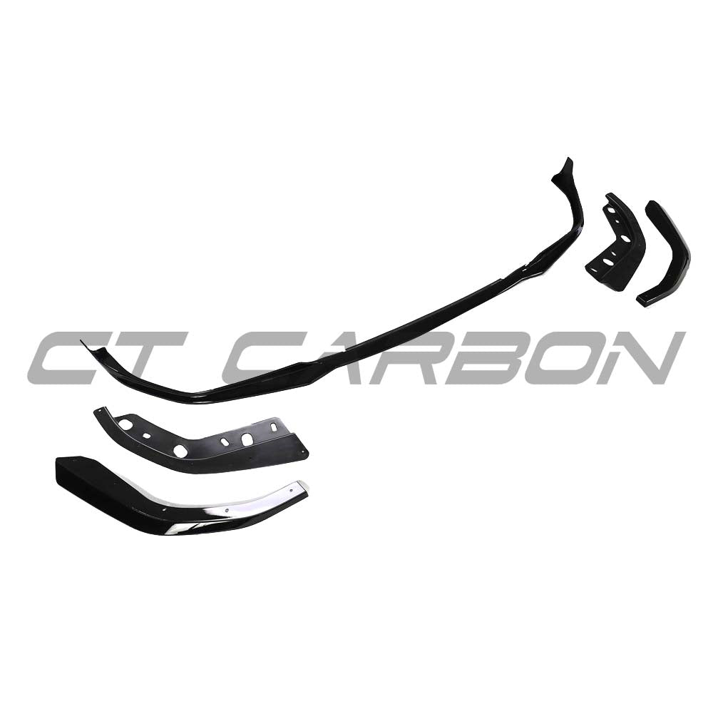 BMW 3 Series G20 G21 Pre LCI black gloss splitter by CT Carbon, close-up of the sleek aerodynamic automotive part.