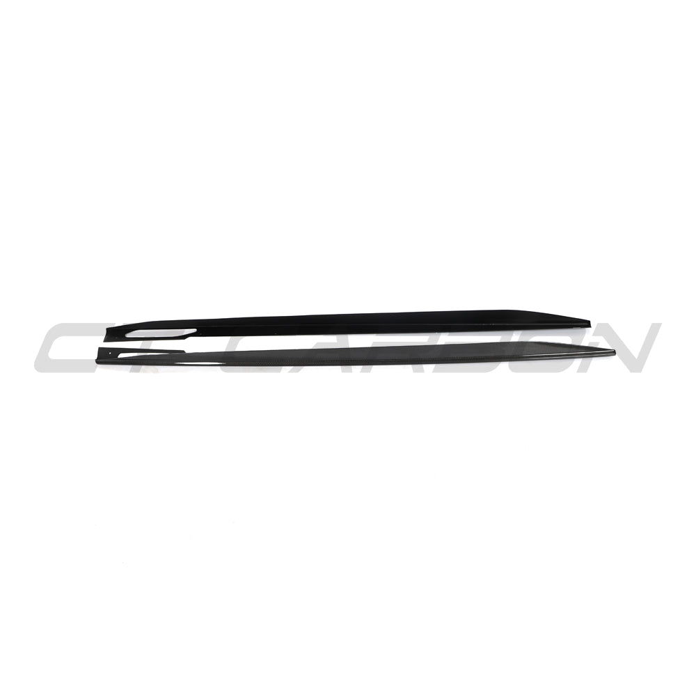 BMW 4 Series G26 and i4 carbon fibre side skirts by CT Carbon, showing sleek, lightweight automotive accessory with a textured finish.