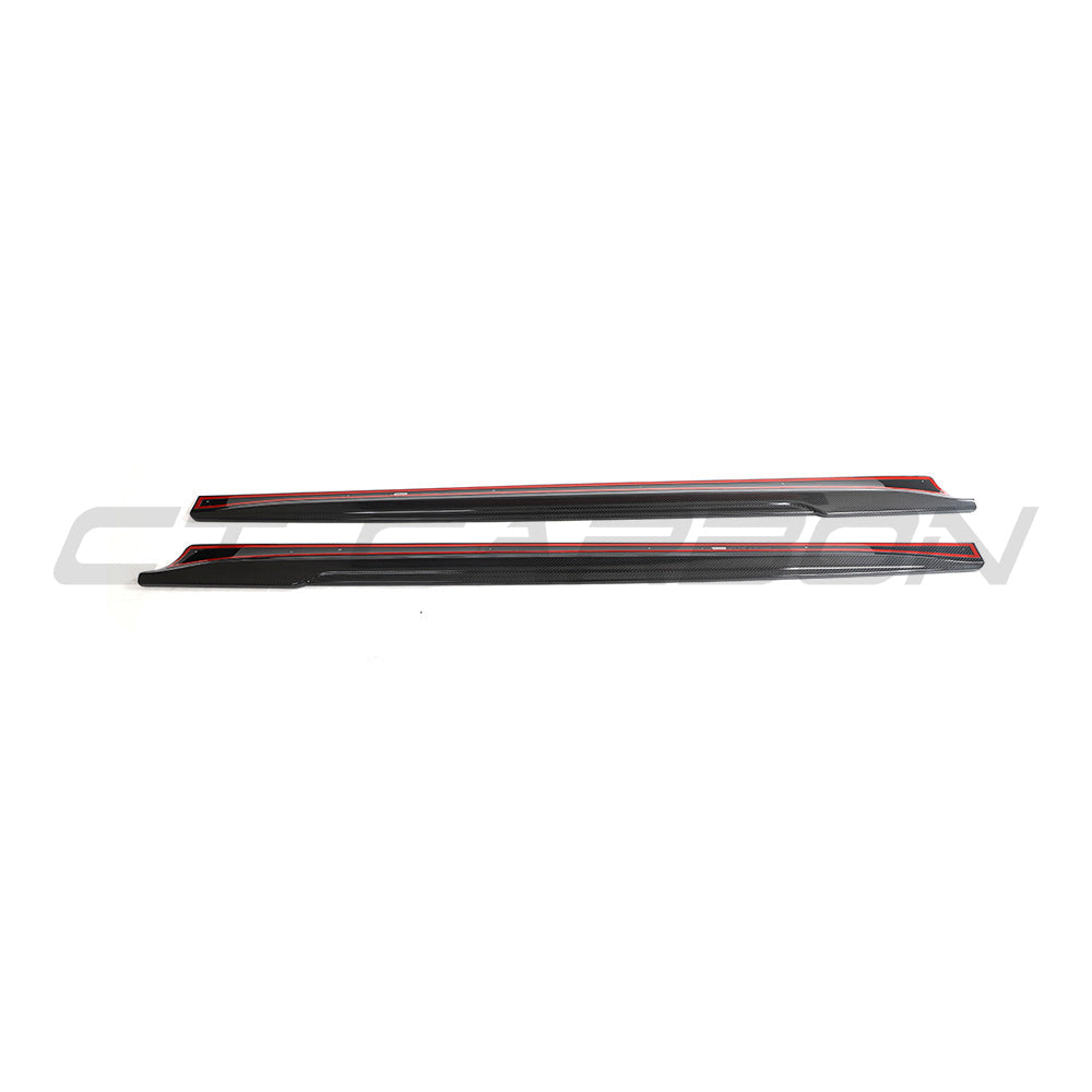 Tesla Model 3 2023+ carbon fibre side skirts by CT Carbon, showing sleek V2 design with textured carbon fibre finish.