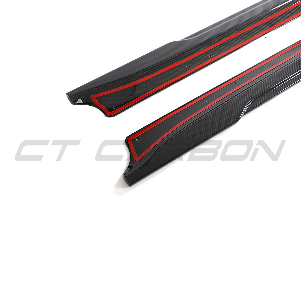 Tesla Model 3 2023+ carbon fibre side skirts by CT Carbon, V2, installed on the vehicle showcasing sleek, aerodynamic design.