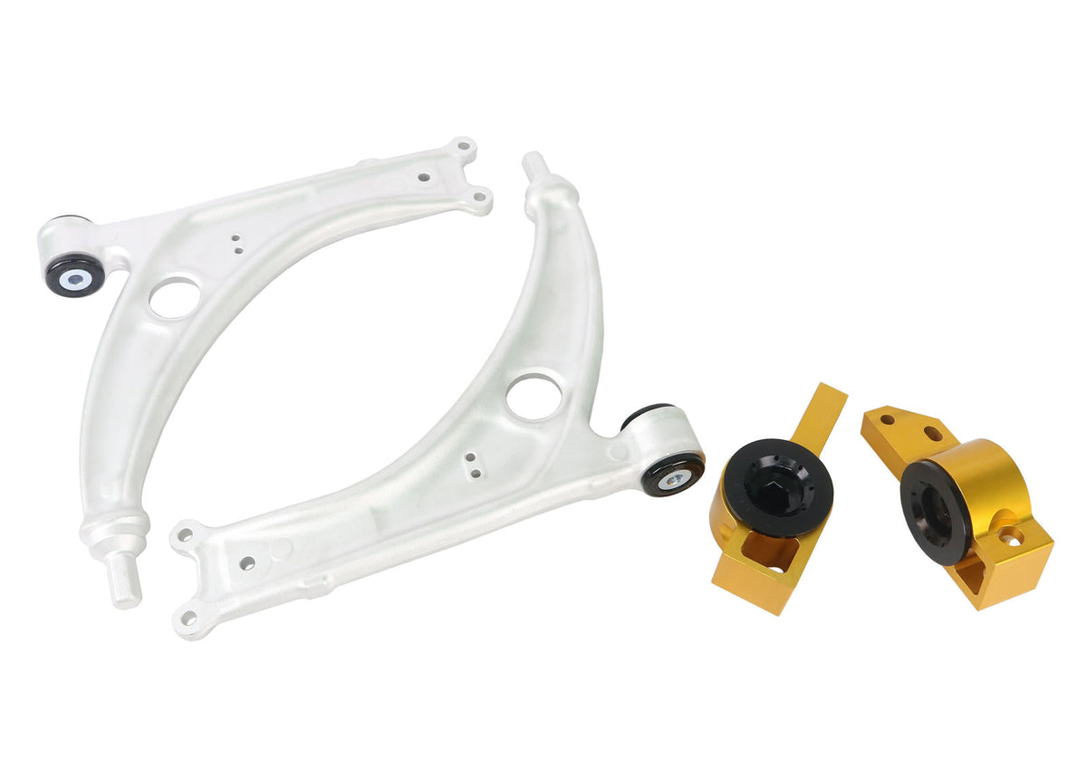 Whiteline anti-lift alloy wishbone control arm for Audi A3, S3, Skoda, VW Golf, and Jetta 2003-2013, showing the metal arm component