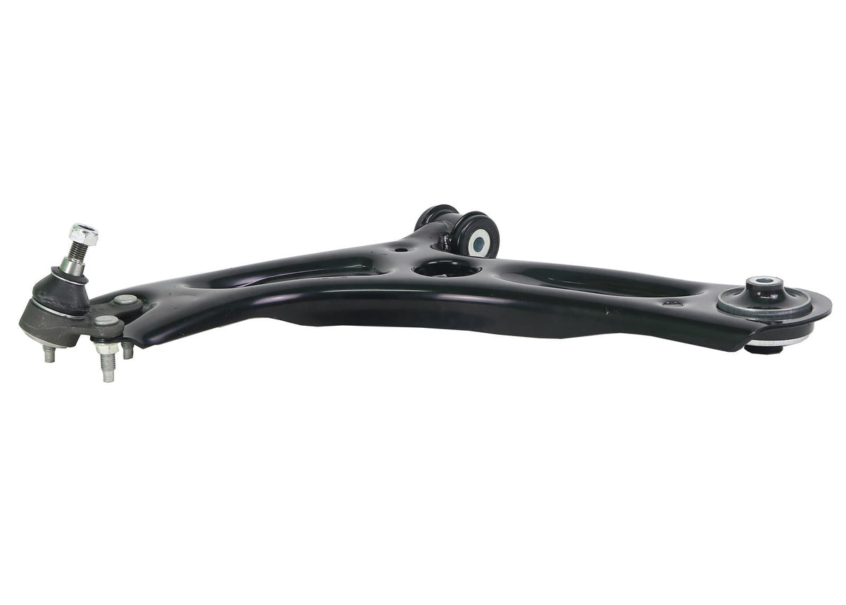 Whiteline front lower control arm showing metal construction and mounting points for vehicle suspension.
