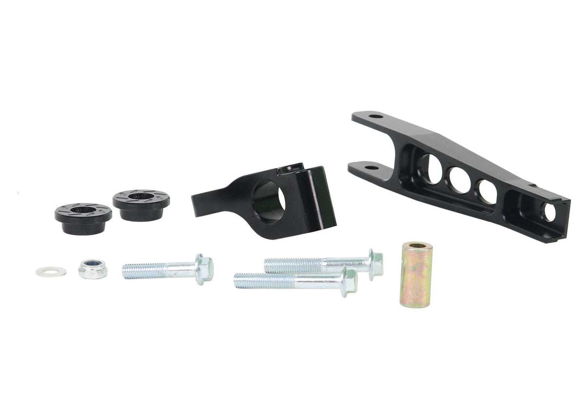 Whiteline front engine torque arm, an automotive engine mount component with black metal construction and mounting brackets.