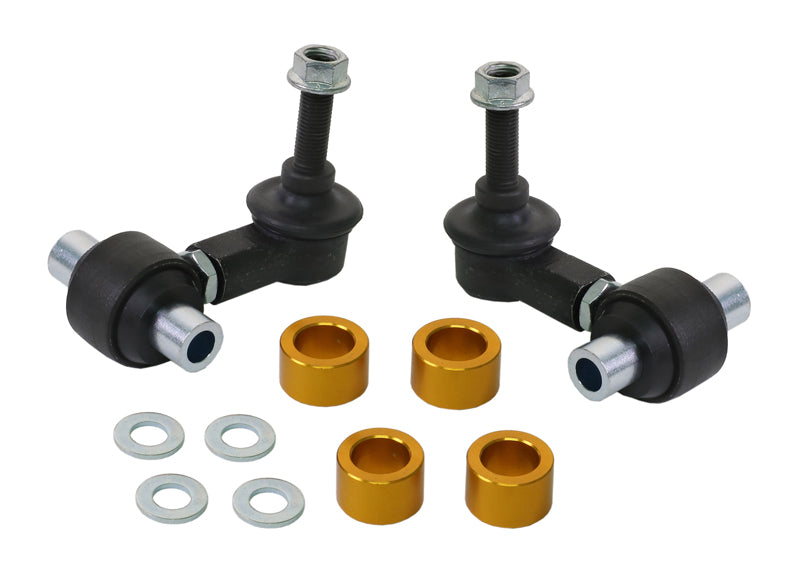 Whiteline rear heavy-duty adjustable anti-roll bar drop links for Audi, Seat, Skoda, VW Golf, showing the metal components and bushings.