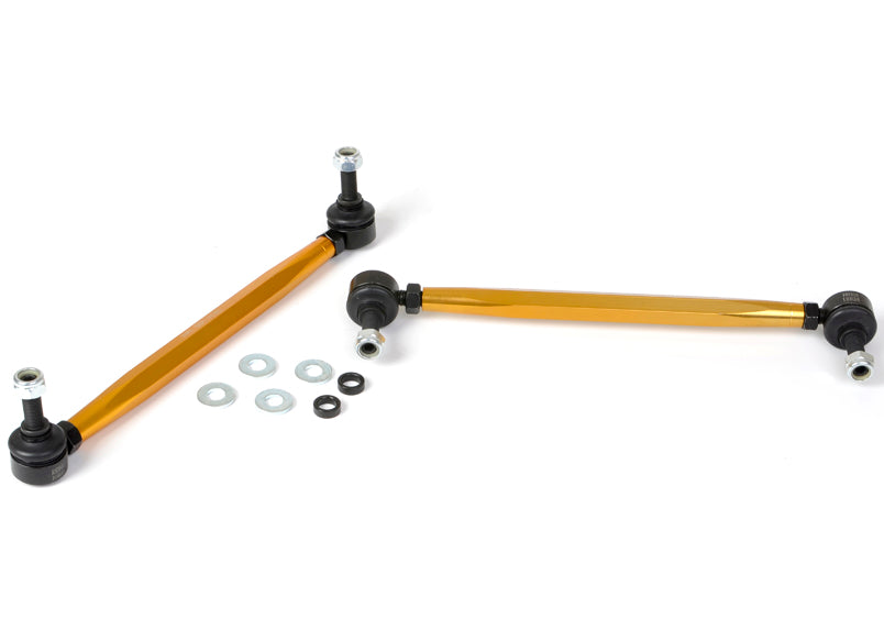Whiteline front heavy-duty adjustable anti-roll bar drop links for Audi, Seat, Skoda, VW Golf, showing metal links with mounting points