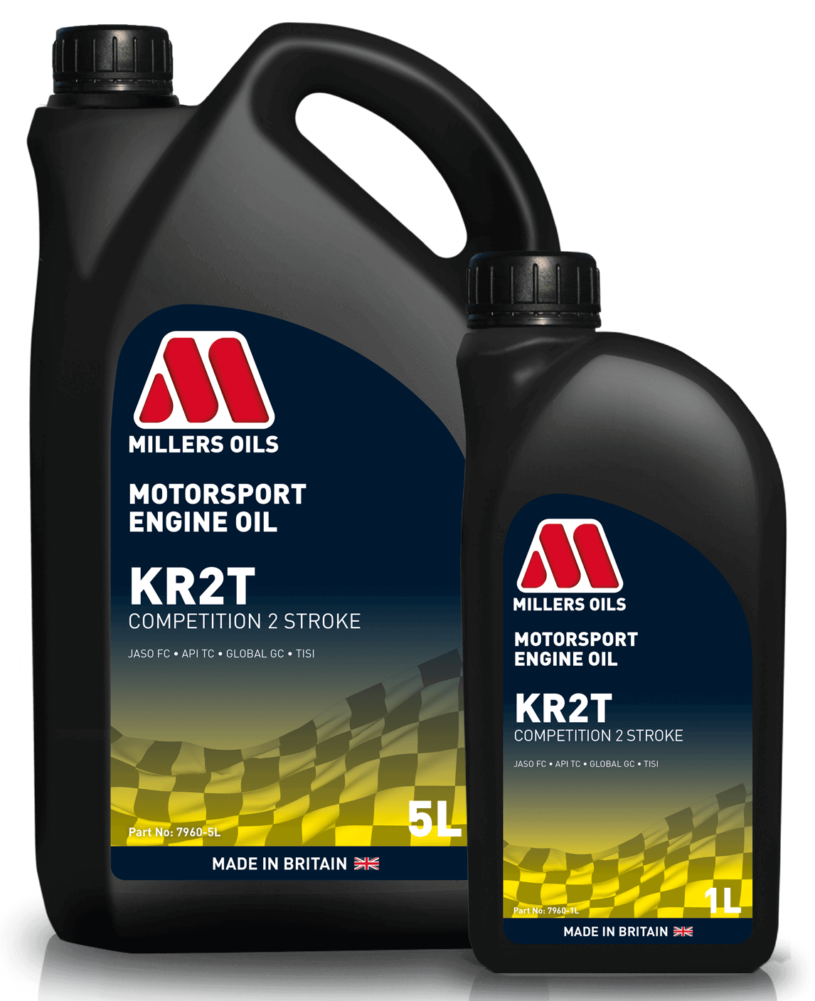 Millers Motorsport KR2T 2 Stroke Engine Oil container with label, designed for high-performance motorcycle engines.