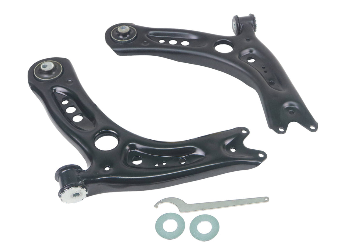 Whiteline lower control arm assembly, KTA386-4, for vehicle suspension, featuring sturdy metal construction and mounting points.