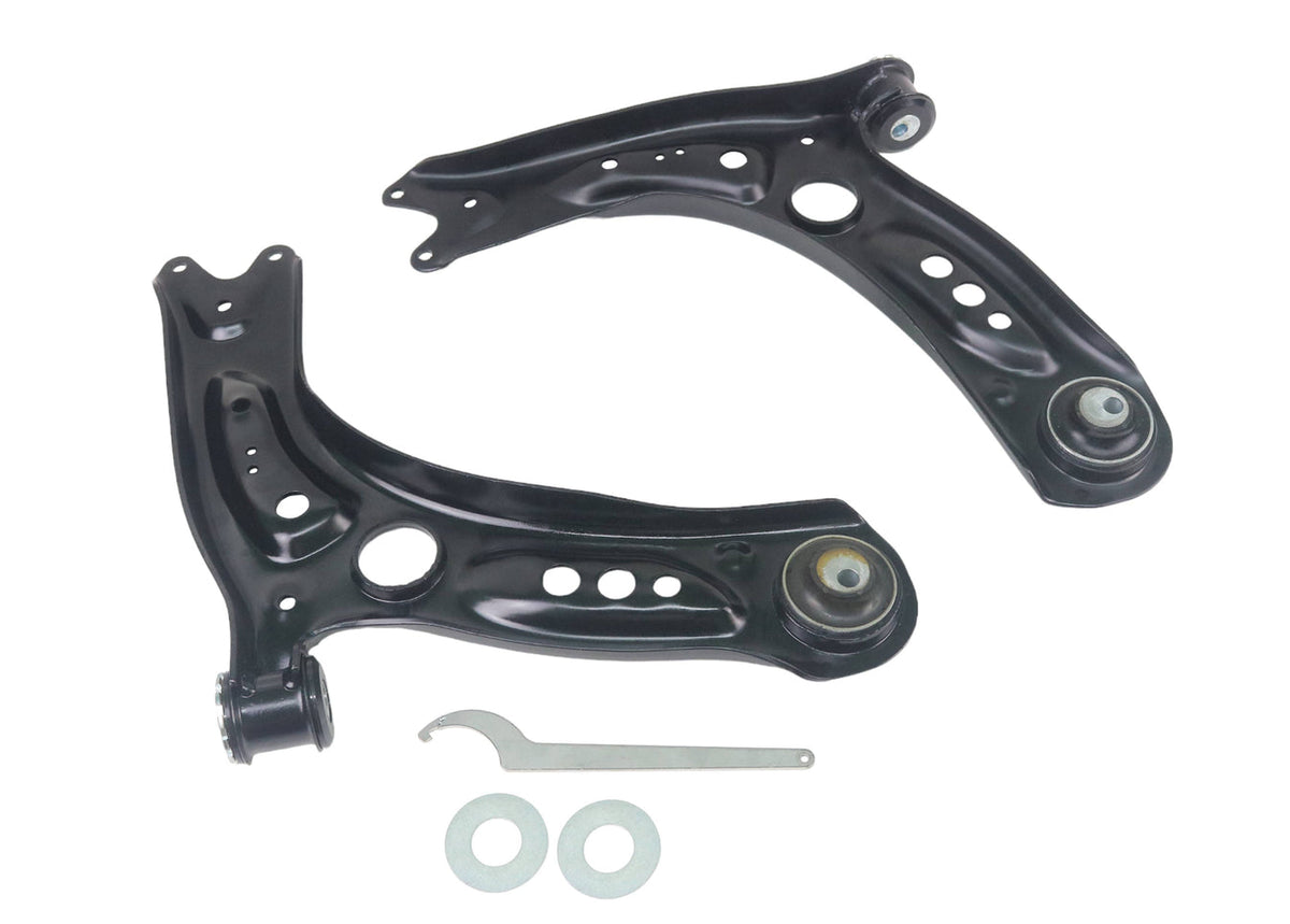Whiteline lower control arm assembly for vehicle suspension, featuring the KTA386-5 model, with metal arm and bushings visible