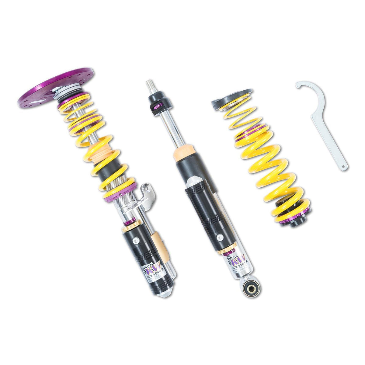 KW BMW M2 Clubsport V4 coilover kit with 3-way adjustable suspension coilovers installed on a car, showcasing performance suspension components.