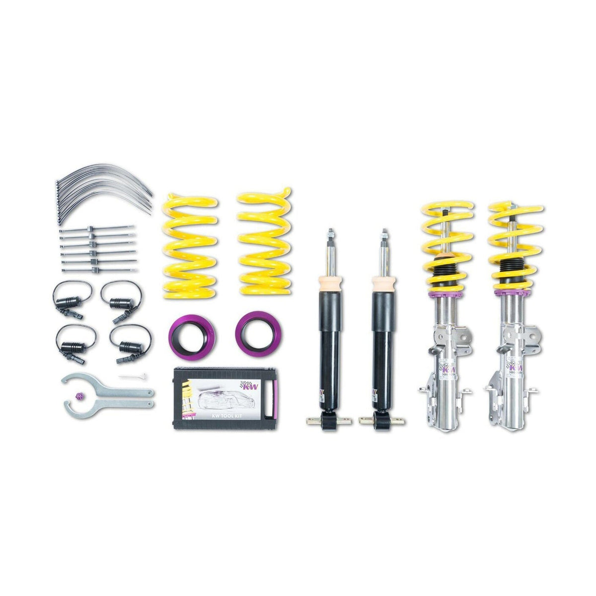 KW Suspension BMW M3 V1 coilover kit for E90/E92, adjustable suspension coilovers shown with mounting components.